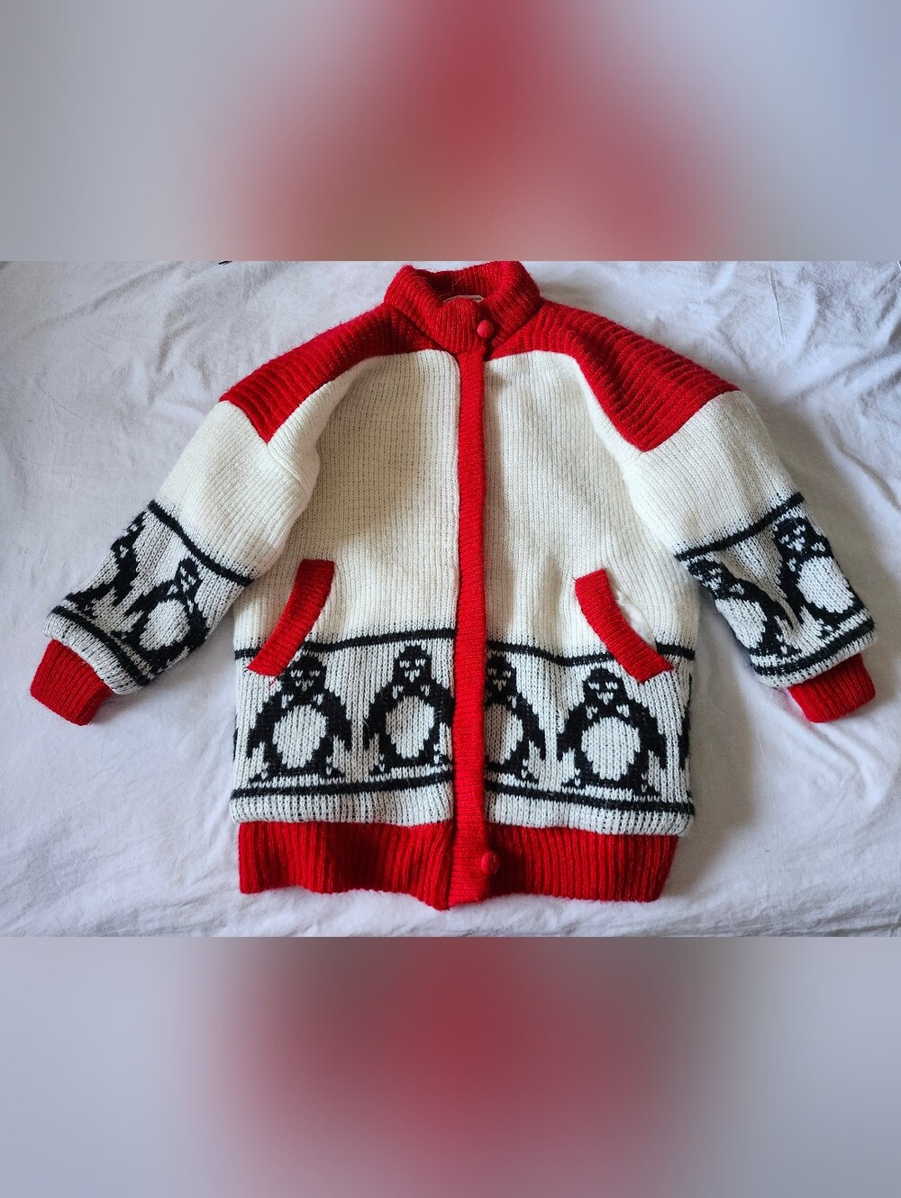 Vintage Red, Cream & Black Knit Penguin Puffer Jacket